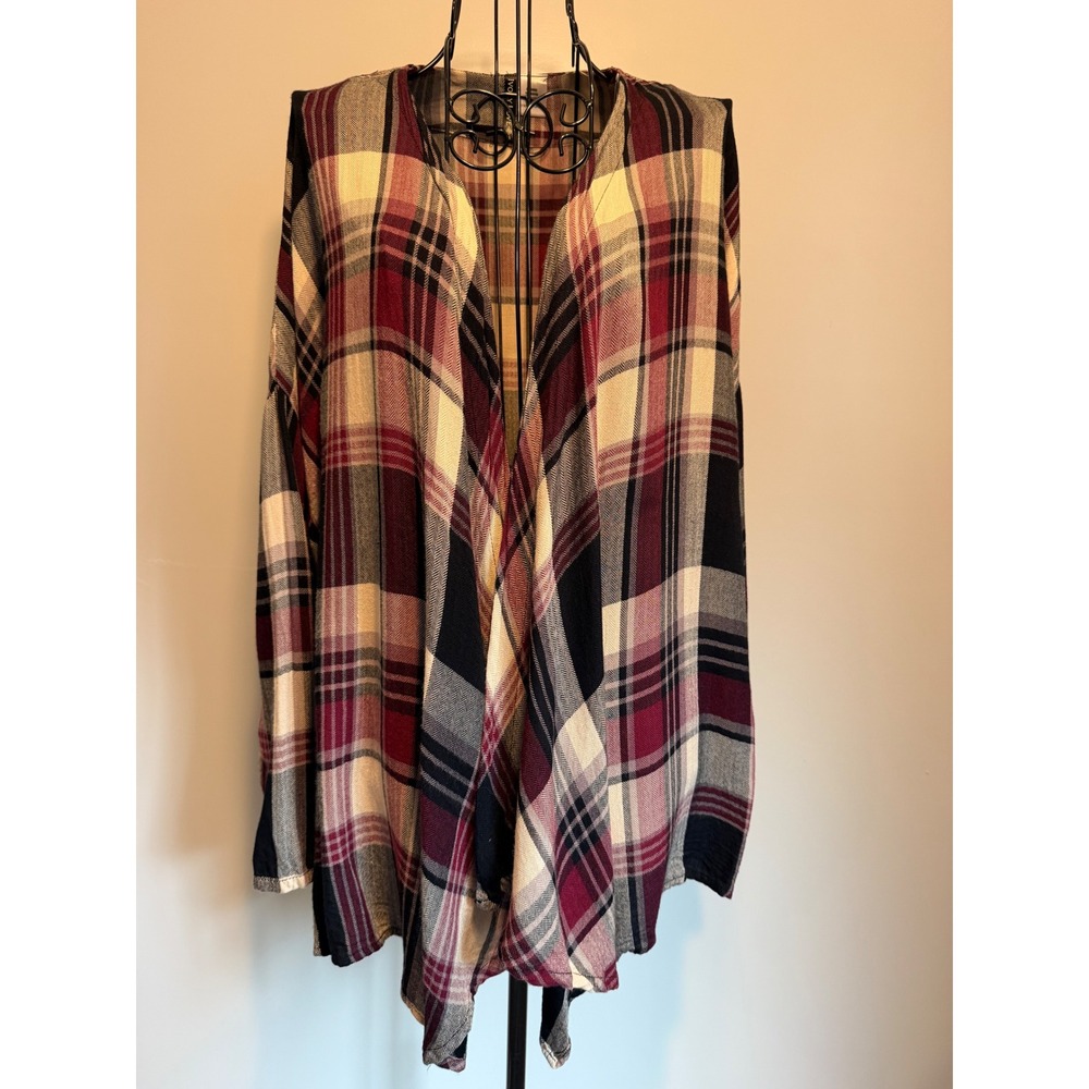 Ivory Love Plaid Open Front Cardigan Burgundy Black Cream Rayon Draped Wrap Sm